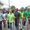 Jermaine Barnaby/Photographer
From left Andrew Wheatley, Horace Chang, Desmond McKenzie and Oppsition leader Andrew Holness lead a large contingent of demonstrators protesting against bus fare increase in Half way Tree on Monday August 25, 2014.