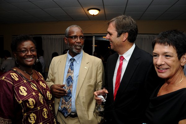 Winston Sill / Freelance Photographer
Chinese Ambassador Qingdian Zheng host China National Day Reception, held at the Jamaica Pegasus Hotel, New Kingston on Wednesday night September 26, 2012. Here are Esther Harris-Brown (left); Dr. Raymond Brown (second left), Deputy Chief of Mission, US Embassy; Josef Beck (second right), German Ambassador; and Gudrun Beck (right).