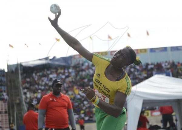 Shorn Hector/Photographer Marie Forbes of Vere Technical throws a distance of 13.48 meters to win the girls class one shot put on day five of the ISSA/GraceKennedy Boys and Girls’ Athletics Championships held at the The National Stadium in Kingston on Saturday March 30, 2019