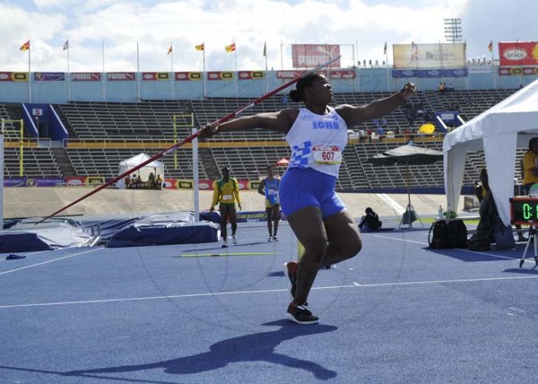 Shorn Hector/Photographer Danielle Sloley of Immaculate competing in the girls Javelin throw open final on day four of the ISSA/GraceKennedy Boys and Girls’ Athletics Championships held at the The National Stadium in Kingston on Friday March 29, 2019