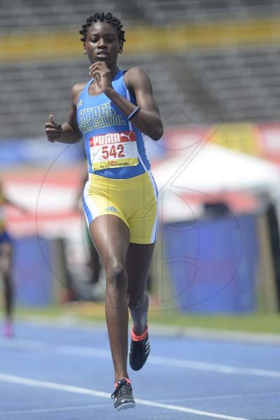 Shorn Hector/Photographer Oneika Mcanuff of Hydel wins hat two of the girls class three 400 meter dash on day four of the ISSA/GraceKennedy Boys and Girls’ Athletics Championships held at the The National Stadium in Kingston on Friday March 29, 2019