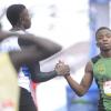 Shorn Hector/Photographer Dishaun Lamb of Calabar High (right) congratulated by Sandrey Davidson of St Catherine High after winning heat five of the boys class two 100 meter dash on day three of the ISSA/GraceKennedy Boys and Girls’ Athletics Championships held at the The National Stadium in Kingston on Thursday March 28, 2019