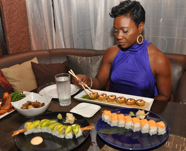 Jermaine Barnaby/Photographer
Restaurant Week Ambassador Juilet Flynn  dine at Majestic Sushi and Grill, Valla Ronai, Old Stony Hill on Wednesday, October 30, 2013.