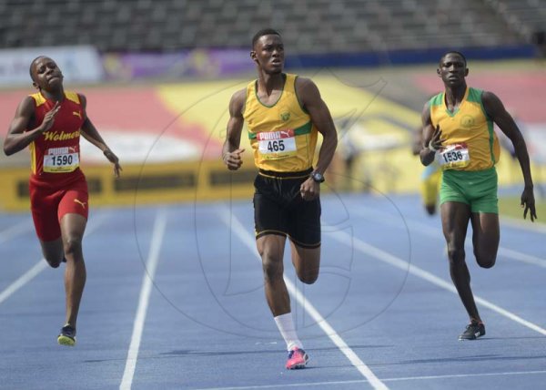 Shorn Hector/Photographer Malachi Johnson of Excelsior High (center) wins heat one of the boys class two 400 meters dash on day two of the ISSA/GraceKennedy Boys and Girls’ Athletics Championships held at the The National Stadium in Kingston on Wednesday March 27, 2019