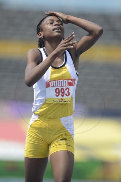 Shorn Hector/Photographer Ann-lie Waite of Spaildins High celebrate after  winning heat six of the girls class three 400 meters dash on day two of the ISSA/GraceKennedy Boys and Girls’ Athletics Championships held at the The National Stadium in Kingston on Wednesday March 27, 2019