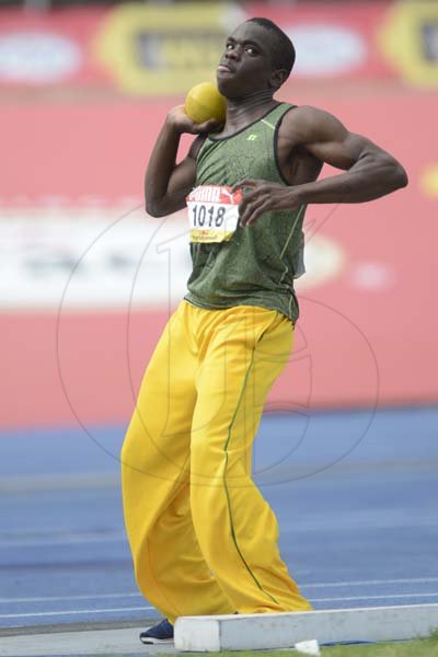Shorn Hector/Photographer Orlando Chambers of Merlene Otte High competing in the boys decathalon shot put on two of the ISSA/GraceKennedy Boys and Girls’ Athletics Championships held at the The National Stadium in Kingston on Wednesday March 27, 2019