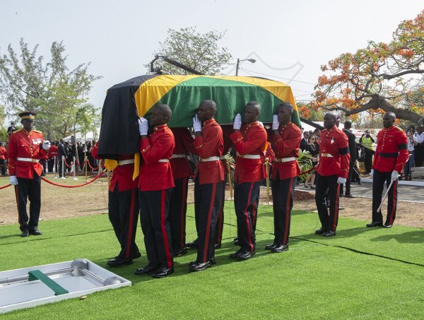 Gladstone Taylor / PhotographerMembers of the first batalion Jamaica Regiment 1JR bearer party during the carry the coffin at interment segment of the state funeral of former primeminister the most honourable Edward Seaga at the national heroes park in kingston on sunday june 23, 2019.
