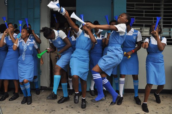 Jermaine Barnaby/Photographer
Students celebrating Edwin Allen Champs win at the school on Monday March 30, 2015.