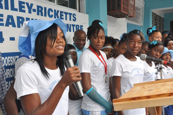 Jermaine Barnaby/Photographer
Edwin Allen team captain Danique Bryan as she speaks on behalf of her team mates during a Champs win celebration at the school on Monday March 30, 2015.