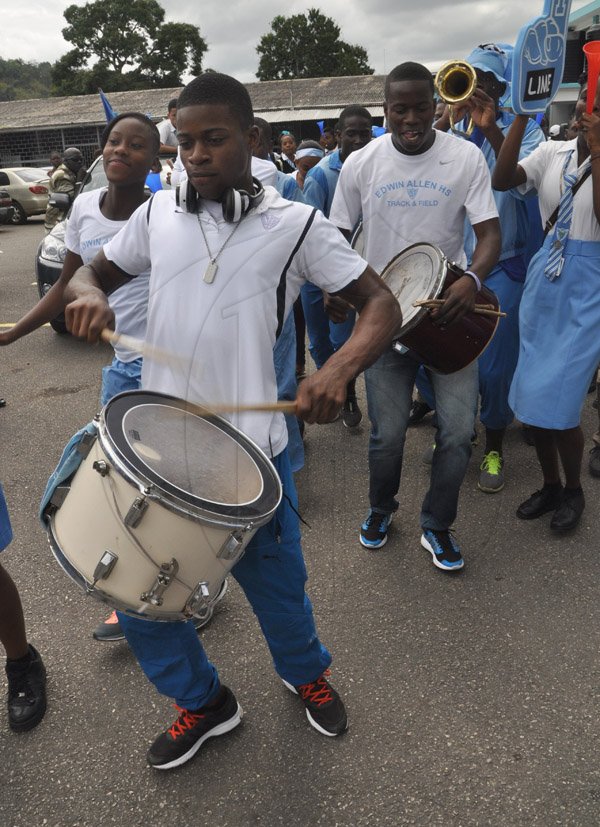 Jermaine Barnaby/Photographer
Members of the Edwin Allen high school band as they beat up some rythms during the schools' Champs celebration win at the school on Monday March 30, 2015.