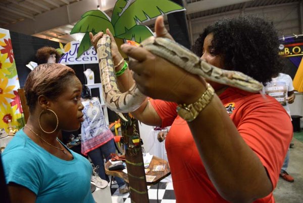 Rudolph Brown/ PhotographerJanice Forrester, (left) Manager of Jan's Accents play with Carissa Wint snake, Hope Zoo Event Coordinator at the JEA JMA Expo Jamaica at the National Indoor Sports Centre and the National Arena on Sunday April 22, 2018