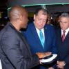 Shorn Hector/Photographer   Brain Bennette-Easy General Manger Digicel Jamaica (left) ishowcasing the lates in technolofy that digicel has to over to The Hon. Audley Shaw and Metry Seaga at Expo Jamaica 2018 Opening Ceremony at the National Indoor Sports Complex on April 19 2018
