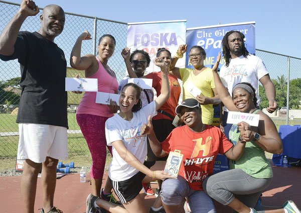 Ian Allen/PhotographerThe Gleaner's Fit 4 Life team at Hope Pastures Park, Hope Pastures, St Andrew on Saturday, October 14, 2017. *** Local Caption *** Ian Allen/PhotographerThe winners of the team challenge at The Gleaner's Fit 4 Life event at Hope Pastures Park, Hope Pastures, St Andrew on Saturday showing off their prizes.