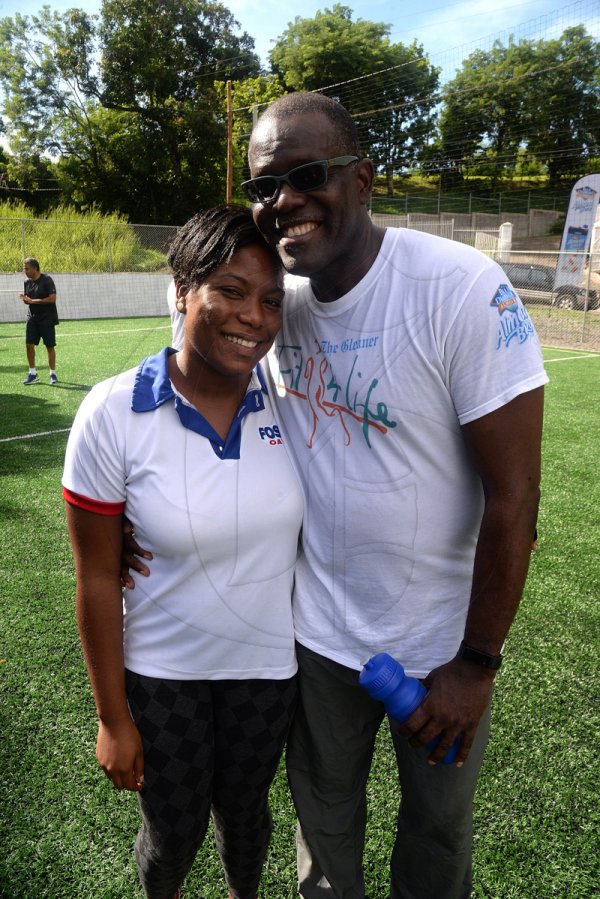 Lionel Rookwood/Photographer

Sherida Cohan, brand manager of Foska and Blue Diamond, and The Gleaner's Rainford Wint at The Gleaner's Fit 4 Life and St Matthew's Walkers event on Saturday, October 7, 2017 at the Jacks Hill Community Centre in St Andrew.