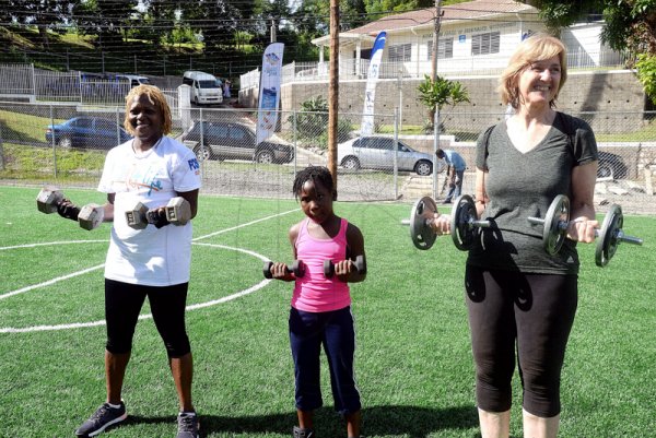 Lionel Rookwood/Photographer

Carol Douglas (left), Kristine Edwards (centre) and Fiona Black at The Gleaner's Fit 4 Life and St Matthew's Walkers event on Saturday, October 7, 2017 at the Jacks Hill Community Centre in St Andrew.