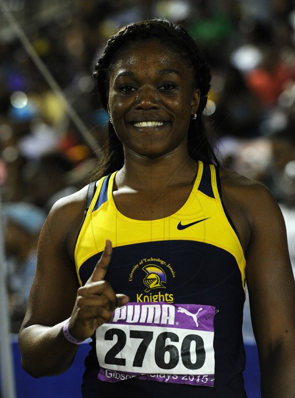 Ricardo Makyn/Staff Photographer 
Christania Williams of Utech winner of the Women 100 Meter open  at the 2015 Gibson/McCook relays held at the National Stadium on Saturday 28.2.2015