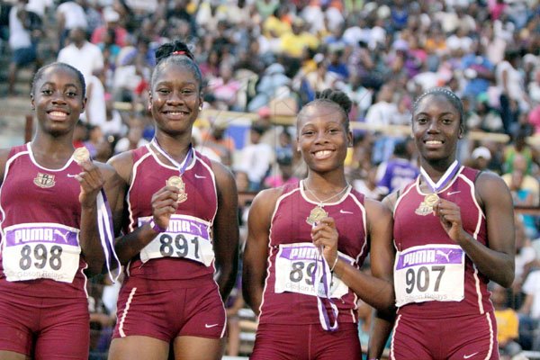 Anthony Minott/Freelance Photographer 
From left: Sasha-Lee Forbes, Kedisha Dallas, Antonika Drummond, Shanice McPherson of Holmhood Technical, winnes of the Class Three girls 4x100m event during the 34th staging of the Gibson Relays at the National Stadium on Saturday, February 27, 2010.