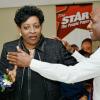 Rudolph Brown/Photographer
AubynHill, CEO of Corporate Strategies Limited greets Janet Silvera at the Gleaner sales awards ceremony at the Terra Nova Hotel in Kingston on Monday, January 20, 2014