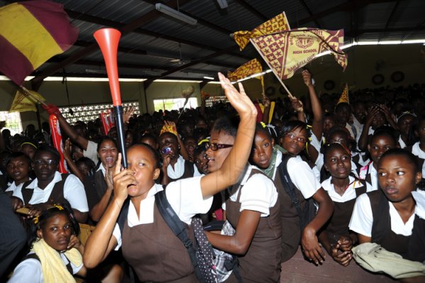 Norman Grindley/Chief Photographer
Holmwood Technical  High school  students  continue to celebrate their victory at their Manchester school's Auditorium March 4, 2011. The school won the girls championship at the  ISSA/Gracekennedy Boys and Girls Championship last Saturday at the National Stadium.