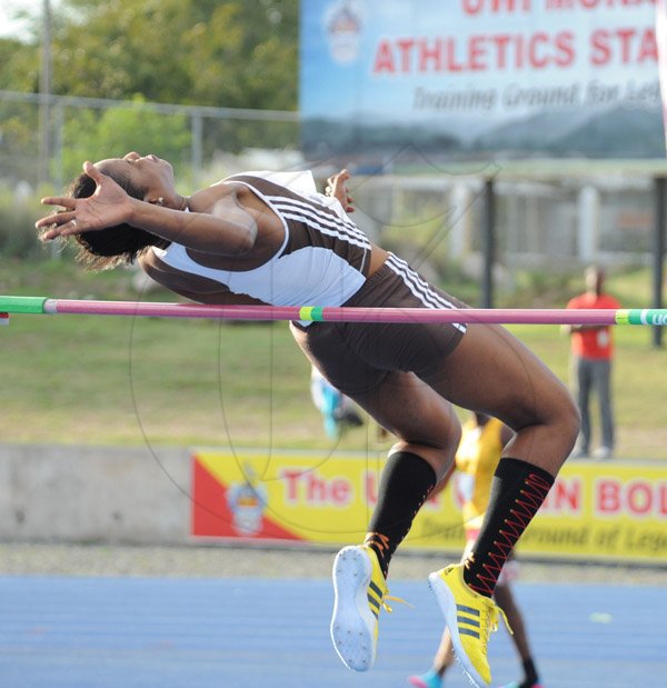 Ian Allen/Staff Photographer
Tash-Gaye Bailey from G.C.Foster College winning the Women's High Jump during the VMBS Intercollegiate Track and Field Championships 2014 at the UWI/Usain Bolt Track.