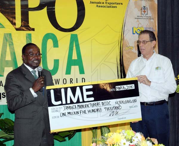 LIME presents sponsorship cheque for the staging of Expo Jamaica 2010.