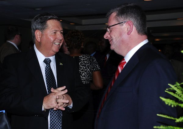 Colin Hamilton/Freelance Photographer
JMA Awards at the Jamaica Pegasus Hotel on Thursday October 6, 2011.
From left,  JMA President Brian Pengelley chats with guest speaker Colm Delves (Digicel Group CEO)
