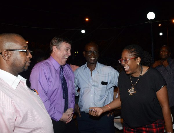 Winston Sill/Freelance Photographer
Kingston and St. Andrew Corporation (KSAC) Christmas Tree Lighting Ceremony and Concert, held at St. William Grant Park, Downtown, Kingston on Wednesday night December 3, 2014. Here are Andrew Swaby (left), Deputy Mayor, KSAC; Barry O'Brien (second left), CEO, Digicel; Desmond McKenzie (second right), Member of Parliament; and Angela Brown-Burke (right), Mayor, KSAC.