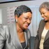 Rudolph Brown/Photographer
Minna Isreal, (left) share a Joke with Senator Marlene Malahoo Forte at the Leaders to Leaders 2014-2015 Series "The Power of Sisterhood Fostering a culture of mentorship at the Jamaica Pegasus Hotel in New Kingston on Wednesday, September 24, 2014