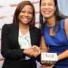 Rudolph Brown/Photographer
Gail Moss Solomon, (right) Head Legal, Regulatory Division Digicel presents a phone to Dana Morris Dixon, Executive, Business Development and Research at JN at the Leaders to Leaders 2014-2015 Series "The Power of Sisterhood Fostering a culture of mentorship at the Jamaica Pegasus Hotel in New Kingston on Wednesday, September 24, 2014