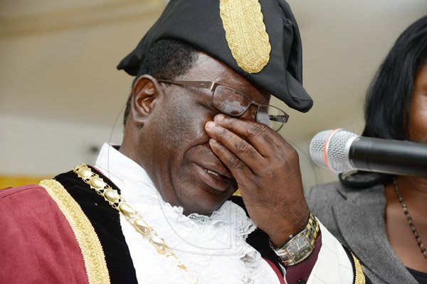 Rudolph Brown/Photographer
His Worship the Mayor Ludlow Mathison cries while making his speech at the Investiture ceremony for the conferment of Titles of Mayor and Deputy Mayor of Morant Bay at Casa Lagoona Hotel, Pamphret St. Thomas on Wednesday, May 14, 2014