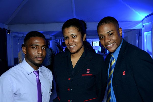 Winston Sill/Freelance Photographer
Miss Universe Jamaica 2014 Kingston Launch, held at the Spanish Court Hotel, St. Lucia Avenue, New Kingston on Monday night June 16, 2014. Here are Garreth Stewart (left); Chereen Khani (centre); and  Andrew Swearing (right), all  representing  sponsor Scotiabank.