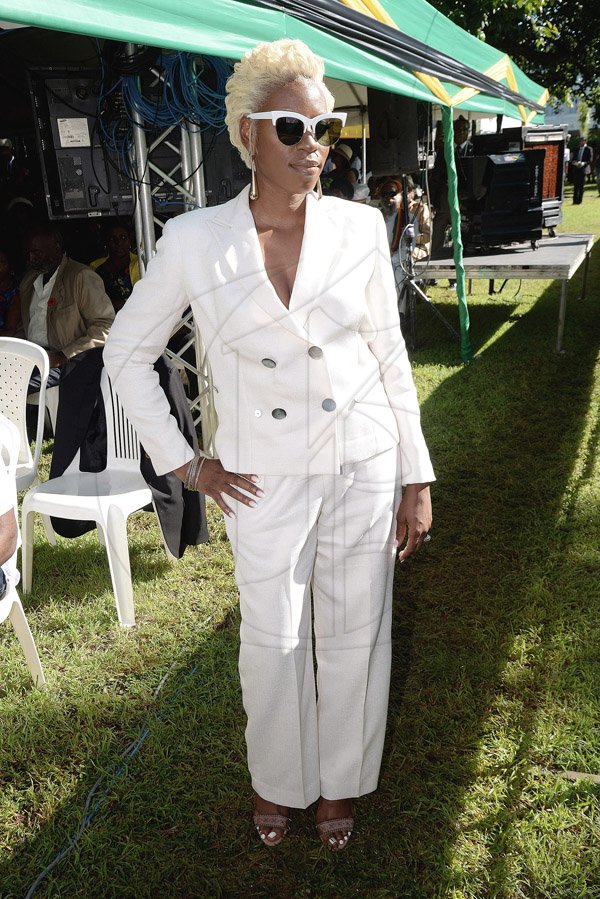Lionel Rookwood/Photographer<\n><\n>Mrs. Syntyche Clarke, wife of The Order of Distinction recepient Mr Robert "Bobby" Clarke, wears a trendy tailored pants suit by Jamaican desinger Rick Bailey.  *** Local Caption *** @Normal:Syntyche Clarke, wife of the Order of Distinction recipient Mr Robert ‘Bobby’ Clarke, wears a trendy tailored pants suit by Jamaican designer Rick Bailey.
