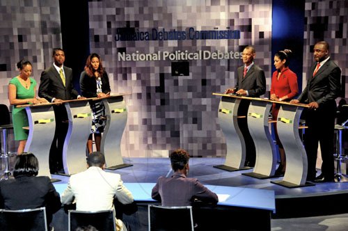 Winston Sill/ Freelance Photographer
The debaters: (from left) Marlene Malahoo Forte, Warren Newby, Dr Saphire Longmore, Raymond Pryce, Lisa Hanna and Dr Dayton Campbell.

National Debate number one, between the young members of the Jamaica Labour Party (JLP) and the Peoples National Party (PNP), held at CPTC, Arnold Road on Saturday night December 10, 2011.