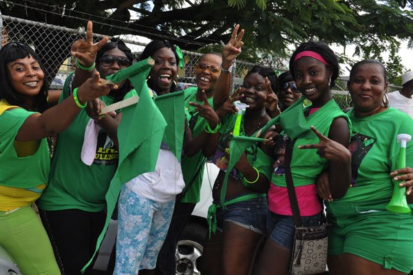 Janet Silvera Photo
 
West Central St. James JLP supporters pose for The Gleaner's camera on Nomination Day outside the Catherine Hall Primary School.