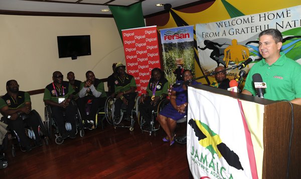 Norman Grindley/Chief Photographer
The Jamaica paralympic Association team arrives at the Norman international airport in Kingston yesterday.