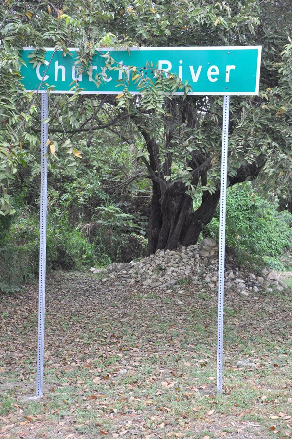 Jermaine Barnaby/Photographer
Bushes covering the sign of Church River during a tour of parish capital, St Ann's Bay on Saturday March 21, 2014.