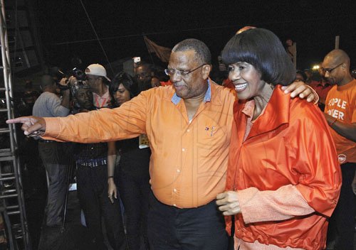 Ian Allen/Photographer 
PNP President Portia Simpson Miller with the party's campaign director Dr Peter Phillips at in Mandeville, Manchester.