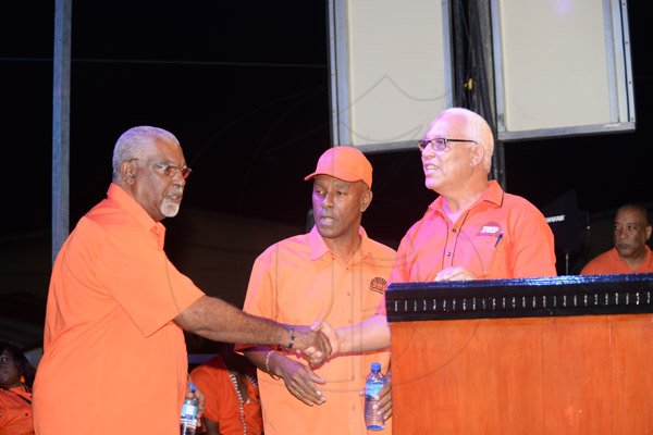 Jermaine Barnaby/Photographer
Evon Redman with councillors at the PNP rally in Black River, St. Elizabeth on Sunday November 22, 2015.