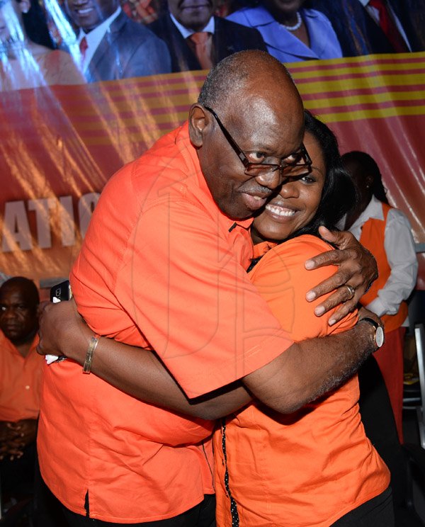 Jermaine Barnaby/Photographer
Fenton Ferguson and Marsha Francis-Johnson at the PNP rally in St Thomas on Sunday November 29, 2015.