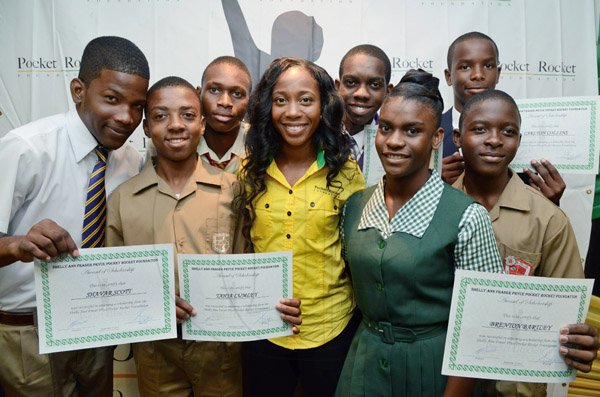 Rudolph Brown/Photographer

Double Olympic Sprint Champion Shelly-Ann Fraser Pryce, (centre) Chairperson of the Pocket Rocket Foundation, pose with scholarship recipients from left Shavor Scott of Ardenne High, Tahjia Lumley of Papine High, Rojaire Bingham of Mona High, Jovaine Atkinson of Kingston College, Kimone Shaw of St Jago High, Carlton Collins of Munro College and Brenton Bartley of Campion College after present the Pocket Rocket Foundation scholarship to them at the presentation ceremony at Devon House on Tuesday, September 17, 2013