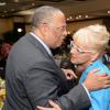 Jermaine Barnaby/Photographer
Dr. Peter Phillips (left) greeting Kelly Tomblin, President & CEO of Jamaica Public Service Company Ltd at the annual National Leadership Prayer Breakfast at the  Jamaica Pegasus Hotel in New Kingston on Thursday, January 21, 2016.