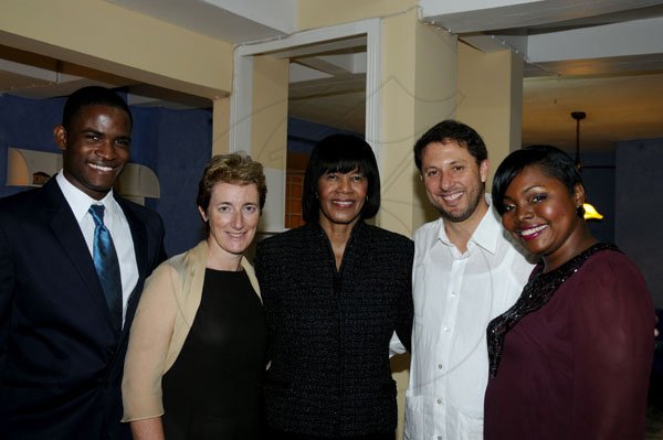 Winston Sill / Freelance Photographer
The Portia Simpson-Miller Foundation annual Scholarship Award Fundraising Party, held at Norbrook Drive, on Friday night November 16, 2012. Here are Jevauhna Johnson (left); Paola Amadei (second left),  EU Ambassador; Prime Minister Portia Simpson-Miller (centre); Jorge Garzan (second right); and Dr. Tamara Foster (right).
