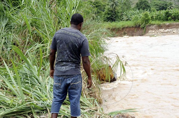 Ian Allen/Photographer
Vinton Francis looks down the Tiber river at a bucket, which was all that could be located of his tractor, which was washed away by flood rains in Gayle, St Mary, Monday night.