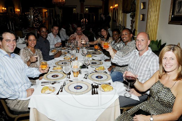 Winston Sill / Freelance Photographer
The Gleaner's Managing Director Christopher Barnes (third right) took his guests out to enjoy Restaurant Week at the Terra Nova All-Suite hotel on Wednesday.
Toasting the occasion with him are (from left) Doug Northover, Flow; Tina Matalon, Restaurants of Jamaica; Barrington Watson, RBC Royal Bank; Niall Sheehy; Columbus Communications; Steven Thomson- STS Vehicles Ltd; Tara Thomson, Tara Couriers; Minna Israel, RBC Royal Bank, Gary Matalon, Kingston Live Entertainment and Michelle English of Flow.




, Waterloo Road on Wednesday night November 16, 2011.