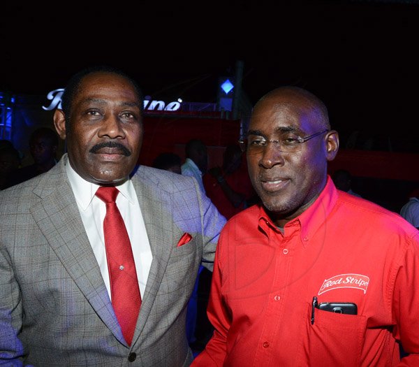 Winston Sill/Freelance Photographer
Launch of Red Stripe Premier League(RSPL) Football, held at Red Stripe Complex, Spanish Town Road on Wednesday night September 3, 2014. Here are Capt. Horace Burrell (left); and Cedric Blair (right), Managing Director, Red Stripe.