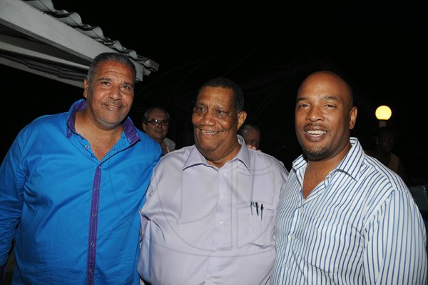 Winston Sill/Freelance Photographer
The Most Hon. Edward Seaga share Birthday Party with son Christopher Seaga and Minister Dr. Omar Davies, held at Russell Heights on Tuesday night May 28, 2013.  Here are Saleem Lazarus (left); Minister Roger Clarke (centre); and Christopher Seaga (right).
