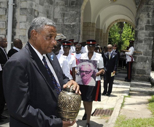 Gladstone Taylor /  Photographer

Norman Manley carries the urn with the ashes of his father Dr. Douglas Ralph Manley, CD out of the University Chapel, Mona in St. Andrew following the funeral service yesterday