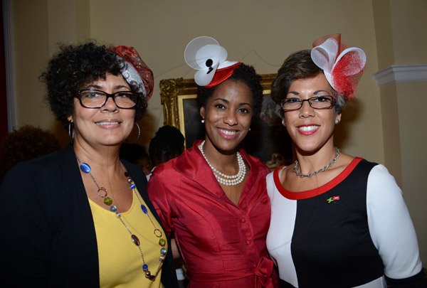 Winston Sill/Freelance Photographer
Dress for Success Jamaica annual Fundraising Tea Party, held at the British High Commission, Trafalgar Road on Thursday night November 7, 2013. Here is Patricia Sutherland (left); Imani Duncan-Price (centre); and Kim Mair (right).
NOTE: please check with Daviot Kelly  re-Kim Mair name.