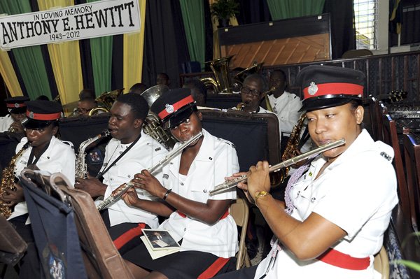 Norman Grindley/Chief Photographer
Members of the Jamaica constabulary Force band during a Thanksgiving service for the life of Anthony 'Tony' Hewitt, retired senior Superintendent of police, held at the Boulevard Baptist church St. Andrew October 6, 2012.