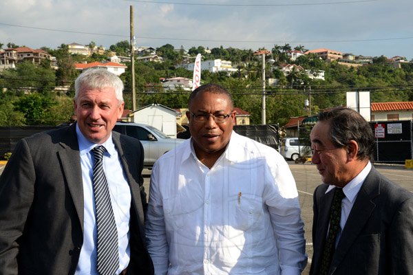 Winston Sill/Freelance Photographer
BUSINESS DESK:----- Toyota Jamaica host Ground Breaking Ceremony for the construction of a  New Branch, held at Old Hope Road, St. Andrew on Wednesday January 28, 2015. Here are Tom Conner (left), Managing Director, Toyata Jamaica Limited; Anthony Hylton (centre), Minister of Industry, Investment and Commerce; and Yasuo Takase (right), Japan Ambassador.